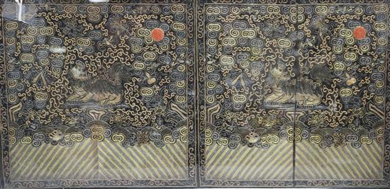 A pair of Chinese embroidered silk rank badges embellished with coral, framed